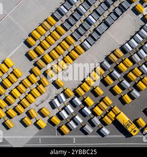 Vista dall'alto dei carrelli per bagagli gialli e neri vuoti sull'asfalto dell'aeroporto Foto Stock