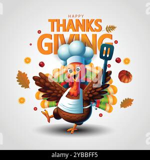 Striscione per il giorno del Ringraziamento con grazioso stile cartoni animati del tacchino del Ringraziamento. disegno dell'illustrazione del vettore di astrazione Illustrazione Vettoriale