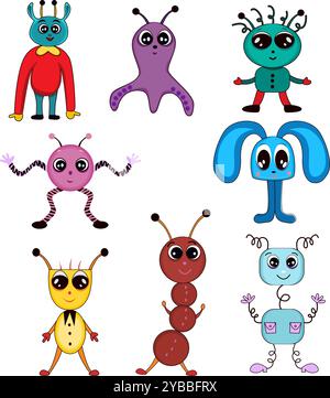 Grande serie di mostri isolati e simpatici o alieni. Collezione di mostri cosmici. Caratteri mascotte. Divertente character design per bambini per vivaio, poster Illustrazione Vettoriale