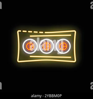 Insegna al neon che mostra tre finestre rotonde della slot machine con combinazione di jackpot di sette fortunate su sfondo nero Illustrazione Vettoriale