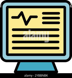 Monitor computerizzato che visualizza la cartella clinica del paziente con l'icona del battito cardiaco, che rappresenta le cartelle cliniche elettroniche e la telemedicina Illustrazione Vettoriale