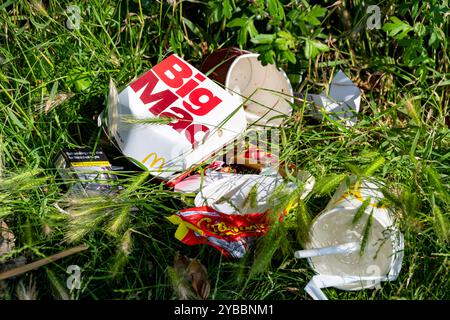 Big Mac Meal e altre confezioni di cibo e rifiuti gettati accanto alla strada Foto Stock