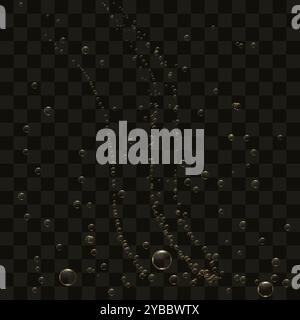 Bollicine dorate di champagne, birra o acqua frizzante si innalzano in cima. Vettore 3D realistico. Illustrazione Vettoriale