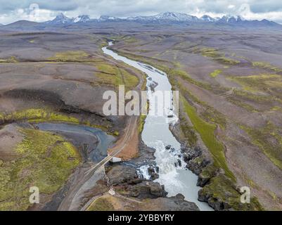 Vista aerea della cascata Gygjarfoss, Kerlingarfjöll, Suðurland, Islanda Foto Stock