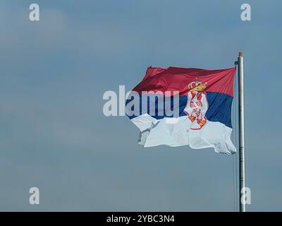 Bandiera serba, bandiera ondulata, rosso blu bianco, bandiera nel cielo, posta metallica, alto nel cielo, bandiera nazionale, colori serbi, cielo blu, spazio negativo, bandiera Foto Stock