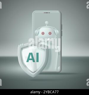Robot di intelligenza artificiale con scudo sullo sfondo dello smartphone per la sicurezza informatica e la protezione dei dati utilizzando l'intelligenza artificiale. Illustrazione vettoriale. Illustrazione Vettoriale