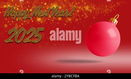 Un vivace sfondo rosso festoso presenta un messaggio scintillante di felice anno nuovo per il 2025 con un prominente ornamento rosso, che irradia gioia e celebrazione. Foto Stock