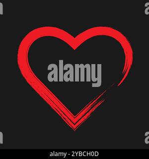 Un contorno rosso di un cuore su sfondo nero. Una collezione di adesivi per cartoni animati. Icone per San Valentino. Illustrazione Vettoriale