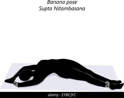 Silhouette di donna che pratica la posa yoga Supta Nitambasana. Posa a banana o supina Half Moon. Difficoltà principianti. Illustrazione vettoriale isolata Illustrazione Vettoriale