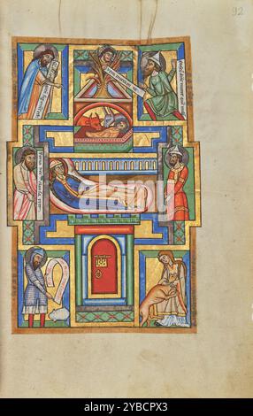 La Natività; il Messale di Stammheim, probabilmente anni '1170 Informazioni aggiuntive: Una miniatura a pagina intera fa da prefazione alle preghiere pronunciate dal sacerdote durante la messa del giorno di Natale. La Vergine reclinata e il bambino neonato occupano il centro della pagina, circondato da figure con rotoli con passaggi dell'Antico Testamento che si riferiscono a quelli scelti per guidare il popolo ebraico, Mosè e Gideone, e alla venuta del Messia. In basso a destra, una vergine ha catturato un unicorno. Questa scena si riferisce alla credenza medievale che un unicorno potrebbe essere catturato solo da una vergine che invoglia l'animale a posare la testa in grembo, ju Foto Stock
