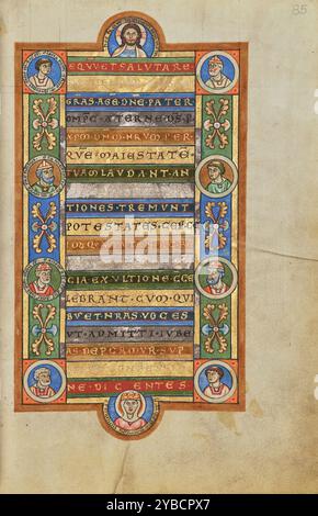 Pagina di testo decorata; Stammheim Missal, probabilmente anni '1170 Informazioni aggiuntive:le figure a forma di busto in medaglioni incorniciano la seconda pagina dell' incipit per la sezione del messale contenente le preghiere pronunciate dal sacerdote durante la messa. Alcuni dei medaglioni sono incisi con i testi delle preghiere dette o cantate nella messa. La selezione delle iscrizioni pertinenti dalla Bibbia e dalla liturgia dimostra il grande grado di cura che è stato dedicato alla pianificazione del Messale di Stammheim. Foto Stock