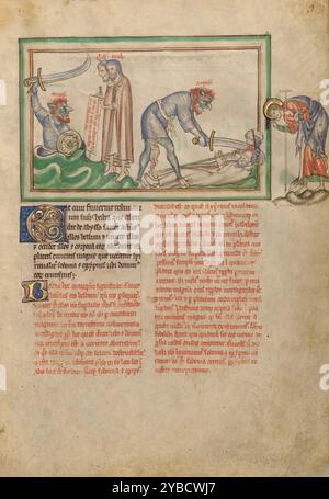 Il massacro dei due testimoni della Bestia; Dyson Perrins Apocalypse, circa 1255-1260. Informazioni aggiuntive: Dopo che i due testimoni hanno finito di profetizzare, una bestia dalla faccia blu e dagli occhi rossi con coda e zoccoli si alza da un abisso, maneggiando una scimitaria gigante per ucciderli. Anche se non esplicitamente descritto come tale nel testo, l'etichetta antixp[cristo]e sopra entrambe le rappresentazioni della bestia lo identifica come l'Anticristo nella miniatura. Sulla destra, Saint John si piega verso il basso per vedere l'omicidio, sbirciando attraverso un'apertura nella cornice. Foto Stock