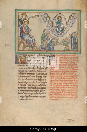 La Settima tromba: I ventiquattro anziani adorano il Trono di Dio; Dyson Perrins Apocalisse, intorno al 1255-1260. Ulteriori informazioni: Il settimo e ultimo suono delle trombe e le voci gridano dal cielo: "Il regno di questo mondo è fatto di nostro Signore e del suo Cristo, e regnerà per sempre". (Apocalisse 11:15) poi i ventiquattro anziani si inginocchiano in adorazioni davanti al Signore. Nella miniatura, l'angelo che suona la tromba mette la mano sulla spalla di San Giovanni, indirizzando la sua attenzione alla visione di Cristo fiancheggiata da angeli. Foto Stock