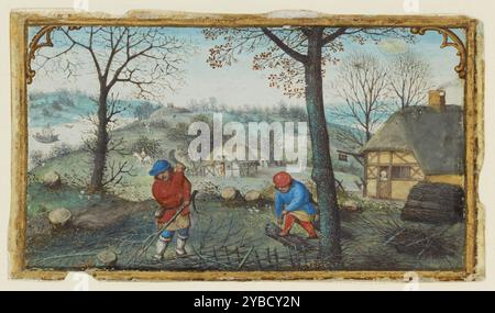 Meeting Twigs; Calendar miniature from a Book of Hours, circa 1550. Due contadini fiamminghi raccolgono i bastoncini in fasci prima di un paesaggio di colline ondulate, cottage e un fiume. Gli alberi hanno perso le loro foglie, il cielo è coperto, e gli uomini sono vestiti calorosamente; l'attività di eliminare il legno morto era tradizionalmente un'attività invernale. Questo piccolo taglio dal bordo inferiore di una pagina del manoscritto è uno di una coppia di miniature back-to-back su una singola foglia, che originariamente serviva come illustrazione nella sezione del calendario di un libro di ore. Le miniature sono apparse in fondo a due cal Foto Stock