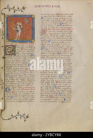 The Fool and a Demon, circa 1360-1370. Informazioni aggiuntive:testo citazione: Lo sciocco dice nel suo cuore "non c'è Dio". (Salmo 52). In una miniatura che precede il Salmo 52, l'illuminatore rappresenta letteralmente l'immagine del poema. Il "pazzo" del testo appare qui come la figura lunatica familiare durante il Medioevo: senza zoccoli, con stracci e con una mazza. Ha un oggetto non identificabile, forse una pietra, alla bocca; da questo non può trarre nutrimento, un'analogia visiva alla negazione dell'esistenza di Dio. Nel periodo medievale, la follia era vista come una punizione inflitta dal diavolo. IO Foto Stock