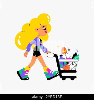 Donna con carrello pieno di generi alimentari in Flat Vector illustrazione che simboleggia lo shopping al supermercato, mangiare sano, e beni di consumo, isolato Illustrazione Vettoriale