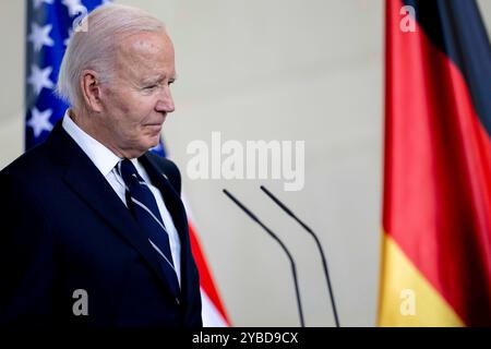 Berlino, Berlino, Germania. 18 ottobre 2024. Dichiarazioni alla stampa con il Presidente americano JOE BIDEN e il Cancelliere tedesco OLAF SCHOLZ presso la Cancelleria federale tedesca. (Credit Image: © Andreas Stroh/ZUMA Press Wire) SOLO PER USO EDITORIALE! Non per USO commerciale! Foto Stock