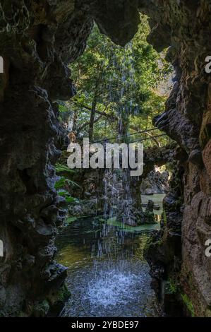 Una tranquilla cascata scorre sopra le rocce circondata da vegetazione lussureggiante e acqua tranquilla. Foto Stock