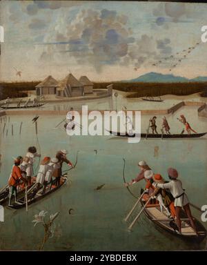 Caccia sulla laguna (recto); Letter rack (verso), circa 1490-1495. Ulteriori informazioni: Le cerniere e il fermo su questo pannello a due lati suggeriscono che è stato utilizzato come serranda decorativa per finestre o come porta per un armadio. Il fronte raffigura una scena di cacciatori di uccelli veneziani, mentre il retro mostra un trompe-l'oeil (ingannare l'occhio). Gli spettatori contemporanei che guardavano la parte anteriore del pannello avevano l'illusione di guardare nella laguna, come è evidente in questa ricostruzione di come appariva una volta il pannello. Foto Stock