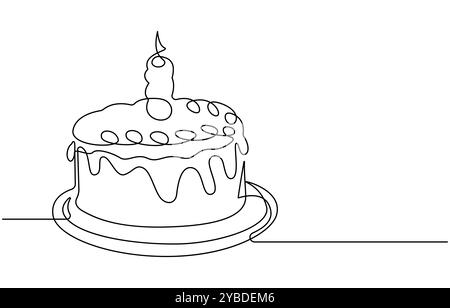 Disegno continuo di una torta di compleanno con candela, disegno continuo dell'icona buon compleanno. Illustrazione del vettore simbolo disegnato a mano Illustrazione Vettoriale