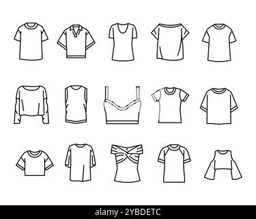 Set di T-shirt da donna con icone nere. Segni per pagina Web, app mobile, pulsante, logo. Pulsanti isolati vettoriali. Traccia modificabile. Illustrazione Vettoriale