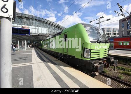 Flixtrain verlässt den Berliner Hauptbahnhof. Im Hintergrund ein einfahrender Regionalzug der Deutschen Bahn. Flixtrain verlässt Berliner Hauptbahnhof. *** Flixtrain in partenza dalla stazione centrale di Berlino sullo sfondo un treno regionale Deutsche Bahn in arrivo Flixtrain in partenza dalla stazione centrale di Berlino Foto Stock