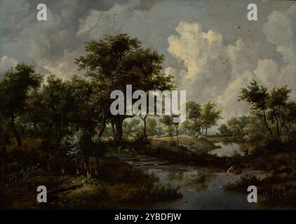 Un paesaggio boscoso, 1667. Ulteriori informazioni: In primo piano, un cane lambia con impazienza in una piscina d'acqua mentre un'anatra si tuffa per mangiare. A sinistra, un cavaliere e tre viaggiatori camminano a piedi lungo la riva fino a una strada. Nel mezzo, un uomo solitario pesca in una piscina poco profonda che conduce a un villaggio illuminato. Nuvole dipinte in modo Sketchily riempiono il cielo sopra; la luce del sole filtra attraverso il boschetto di alberi sottostanti, illumina le aree della foresta e getta riflessi nell'acqua. Foto Stock