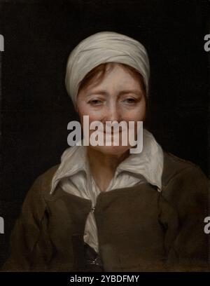 Capo di una donna, circa 1654 anni. Ulteriori informazioni: Una donna, i suoi capelli sottili, avvolti da una sciarpa bianca, guarda lo spettatore con gli occhi lacrimi e un sorriso senza denti. Foto Stock