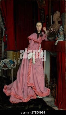 Ritratto della Marchesa di Miramon, n&#xe9;e th&#xe9;r&#xe8;se Feuillant, 1866. Ulteriori informazioni: Indossata nello stile più recente e circondata da oggetti decorativi alla moda, la Marchesa de Miramon indossa un peignoir con volant rosa o un abito da vestire. Intorno al collo ci sono una sciarpa in pizzo nero e una croce d'argento. Riflettendo il nuovo fascino europeo per l'arte giapponese, dietro di lei c'è uno schermo giapponese che raffigura gru su un terreno d'oro, e sul mantello ci sono diversi pezzi di ceramica giapponese. Il ricamo sullo sgabello Luigi XVI indica che il soggetto è una nobile donna di leisu Foto Stock