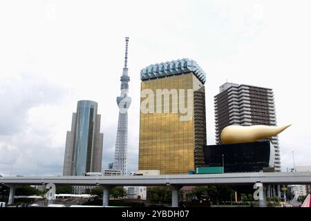 Tokyo, Giappone - luglio 29 2017: Tokyo Skytree e Asahi Beer Hall ad Asakusa in un giorno nuvoloso Foto Stock