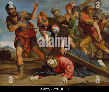 La strada per il Calvario, intorno al 1610. In questa rappresentazione dell'arduo viaggio di Cristo verso la sua crocifissione, Domenichino pone Cristo in prima linea nella composizione, osservando con dolore lo spettatore. L'oppressione di Cristo e la crudeltà dei suoi tormentatori sono enfatizzate dalla composizione affollata, in cui le figure sembrano sopportare la pesante croce che fissa Cristo al suolo. Un soldato romano in armatura e sandali conduce la processione e i gesti con un bastone a Simone di Cirene, che cerca di aiutare il Cristo caduto. Dietro di loro, un altro soldato tira bruscamente sul Foto Stock