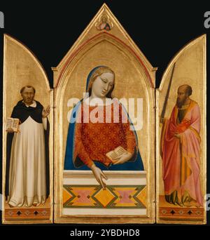 La Vergine Maria con i Santi Tommaso d'Aquino e Paolo, intorno al 1335. Probabilmente destinato a una piccola cappella, questo trittico mostra la Vergine Maria al centro fiancheggiata da San Tommaso d'Aquino e San Paolo. Sul pannello di sinistra San Tommaso d'Aquino indossa l'abitudine domenicana e tiene un libro dei suoi scritti. Sul pannello di destra, San Paolo si volge verso la Vergine e custodisce il suo simbolo di martirio, la spada. Al centro, la Vergine Maria indossa un ricco mantello blu profondo fatto di ultramarina o lapis lazzuli, un pigmento molto prezioso e costoso. Una serie di contrassegni complessi, denominati strumenti, perforati nel Foto Stock