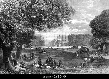 I castagni di Bushey Park, 1871. "In questo periodo dell'anno, a circa dodici o tredici miglia da Londra, si può vedere una bella vista... la strada pubblica che attraversa la Grand avenue, da un cancello all'altro del parco, aperta liberamente a chi viaggia a cavallo o in carrozza, è sempre piacevole; ed è ora magnifico, con una delle due più belle linee di castagne a cavallo che l'Inghilterra può mostrare... la magnifica struttura delle foglie, ogni singola foglia è un gruppo di cinque grandi volantini, attaccati a un unico stelo, e sparsi come le cinque dita di un wi Foto Stock