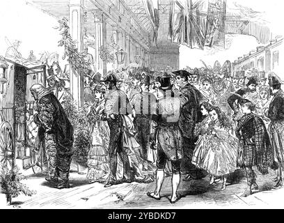 Matrimonio della Principessa Luisa a Windsor: Arrivo degli ospiti di matrimonio, 1871. "Le porte della Cappella di San Giorgio furono aperte alle undici, a quell'ora il numero di spettatori privilegiati della cerimonia di matrimonio, che si erano riuniti fuori, cercarono con ansia i posti a sedere ai quali i loro biglietti li davano. Poco dopo, le carrozze cominciarono ad arrivare in rapida successione, potendo all'ingresso accanto alla Wolsey Chapel elegantemente e adeguatamente vestite signore, e signori in uniformi scintillanti con pizzi d'oro, stelle e ordini di distinzione". Da "Illustrated London News", 1871. Foto Stock