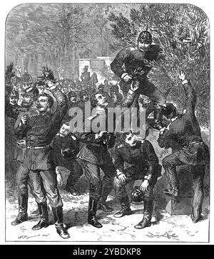 Vincitori autoincoronati: Uno schizzo nei Giardini delle Tuileries, Parigi, 1871. Guerra franco-prussiana. Gli appartamenti esposti nel Palazzo delle Tuileries, e le gallerie del Louvre, sono stati visitati, il giovedì, da molte migliaia di soldati tedeschi, che non portavano le loro armi, accettando una clausola della convenzione militare firmata a Versailles. Queste parti furono scortate da distaccamenti armati delle guardie nazionali francesi. La loro ammissione, tuttavia, provocò la rabbia dei parigini ad un campo pericoloso. La Rue de Rivoli fu sfilata, per diverse ore, da una folla agitata, alcuni pressavano Foto Stock