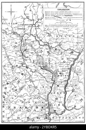 La nuova frontiera franco-tedesca, 1871. Guerra franco-prussiana. Spiegazione. Linea di confine delle popolazioni di lingua francese; linea di confine delle popolazioni di lingua tedesca; località in cui le due lingue sono mescolate; la nuova linea di frontiera tedesca; confine di Francia; province francesi; dipartimenti di Francia &amp;c; ferrovie; città fortificate; Scala delle miglia dello Statuto britannico; Nota: Le divisioni etnografiche in questa mappa sono prese da "Deutsch-Franz&#xf6;suschen Grenzl&#xe4;nder" di Kiepert, Berlino 1870. Da "Illustrated London News", 1871. Foto Stock