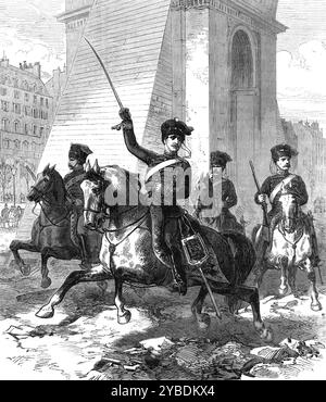 Il primo tedesco a Parigi, 1871. Guerra franco-prussiana. "I primi militari tedeschi che sono arrivati mercoledì mattina alle otto e quarti erano un gruppo di sei soldati, guidati da un giovane ufficiale (tenente Bershardy, XIV Ussari prussiani), che ha attraversato Place de l'Etoile, girando intorno all'Arco di Trionfo, come mostrato nell'incisione sulla nostra prima pagina... è stato attualmente raggiunto dal capitano von Colond, al comando dello squadrone che percorreva tranquillamente il grande viale degli Champs Elys&#xe9;es, scortando il generale von Kamecke e il suo staff al palazzo della regina Cristina di Spagna Foto Stock