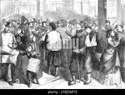 Politici che discutono affari sul Boulevard Montmartre, Parigi, 1871. Guerra franco-prussiana: "...l'assemblea abituale di numeri di politici di strada, nei primi giorni dell'armistizio, sul Boulevard Montmartre, di fronte al Passage des panoramas, dove erano abituati a parlare della posizione degli affari. A sinistra, si vede il Theatre des vari&#xe9;t&#xe9;s; a destra, sullo sfondo, c'è l'ingresso di Rue Vivienne; in primo piano...ci sono due soldati convalescenti feriti; uno ha il braccio in una fionda, l'altro si appoggia dolorosamente su un bastone; dietro ci sono due Nation Foto Stock