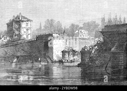 Il ponte di Sevres, [Francia], 1871. Guerra franco-prussiana. "Il ponte di Sevres, con l'adiacente parco di St. Cloud, fu visitato da molte persone del quartier generale prussiano, desiderose di vedere gli effetti che erano stati prodotti dall'artiglieria francese su quelle posizioni, formando ultimamente i posti avanzati dell'esercito tedesco. La fabbrica di porcellane di Sevres era stata trasformata in una fortezza completa, con mura, bastioni e bastioni e un fossato; e ogni strada, lane, o sentiero, verso la riva della Senna, fu barricato contro un attacco. Quantità di piastre e aste di ferro Foto Stock