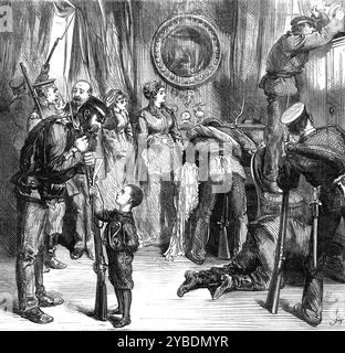 In cerca di armi a Versailles, [Francia], 1871. La guerra franco-prussiana: "Una ricerca di armi nascoste in una casa privata, risolutamente perseguita da un partito della Landwehr prussiana. Le estorsioni e le proteste del padrone della casa, la calma colpita ma la grave indignazione di sua moglie, e l'eccitata curiosità di sua figlia, mentre i loro cassetti e presse sono saccheggiati per contrabbando di guerra, sembrano ritratti molto naturalmente. Anche il bambino porta con sé la sua pistola giocattolo e si offre di consegnarla al grande soldato tedesco, che lo guarda in basso con un expres Foto Stock