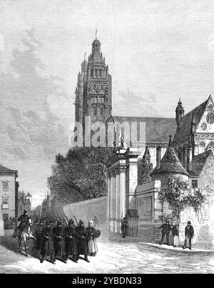 La Cattedrale, Tours, [Francia], 1871. L'obiettivo di questa campagna per i tedeschi è di privare i francesi di Tours, come punto di incontro per un esercito destinato a sollevare l'assedio di Parigi, la nostra vista della cattedrale in quella città sarà considerata con interesse. Tours, l'antica capitale della provincia di Touraine, e ora capoluogo del dipartimento dell'Indre-et-Loire, si trova sulla riva sinistra della Loira, all'incrocio di quel fiume con il Cher, settanta miglia sotto Orleans, e più di due volte quella distanza da Parigi, a sud-ovest. Il suo nome deriva da Foto Stock