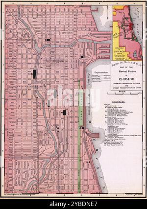 Mappa dettagliata vintage di Chicago City poster da viaggio stampabile per il download Foto Stock