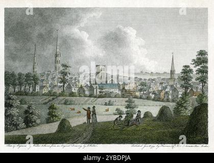 Vista panoramica di Coventry nelle West Midlands, Inghilterra, alla fine del 1790, con tre graziose guglie della chiesa. La guglia più alta è la guglia alta 90 metri (295 piedi) della Cattedrale Vecchia, ex Chiesa parrocchiale di San Michele, costruita negli anni '1300 e '1400 e distrutta nella seconda guerra mondiale incisione che porta la data di pubblicazione 1 giugno 1794 e fu successivamente colorata a mano. Foto Stock