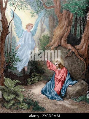 Gesù sul Monte degli Ulivi, XIX secolo. Scena biblica, capitolo XXII, Vangelo di Luca, nuovo Testamento. Angelo che appare a Gesù. Incisione di Pannemaker dopo un disegno di Gustave Dore. (Stampa a colori in bianco e nero). Foto Stock