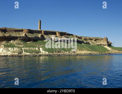 Castello di Qa'at Ja'bar sulla riva sinistra del lago Assad, vicino ad AR-Raqqah, Siria, 2001. Principalmente opera di Norandino, che ricostruì il castello dal 1168 in poi. Fotografia scattata prima della guerra civile siriana. Nel 2014, lo Stato Islamico dell'Iraq e del Levante conquistarono il castello. Le forze democratiche siriane riconquistarono il sito nel 2017 come parte della sua offensiva Raqqa. Foto Stock