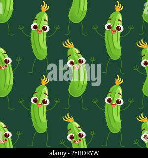 Allegra danza di cetrioli, motivo senza cuciture. Simpatici personaggi divertenti in stile cartoni animati. Cibo sano, verdure, veganismo. Illustrazione vettoriale per chi Illustrazione Vettoriale