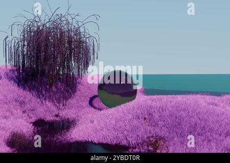 Un paesaggio surreale caratterizzato da una sfera riflettente e da una vegetazione viola in un corpo d'acqua sereno. rendering 3d. Foto Stock