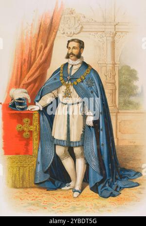 Cavaliere che indossa il collare e le insegne della Gran Croce del reale e Distinguished Spanish Order of Charles III (precedentemente Royal and Much Distinguished Order of Charles III), 1865. Creato da re Carlo III di Spagna nel 1771, per premiare i cittadini per i loro meriti e le loro virtù. Da "Historia de las Ordenes de Caballería y de las Condecoraciones Españolas" (storia degli ordini di cavalleria e delle decorazioni spagnole), Madrid, Spagna, 1865. Foto Stock