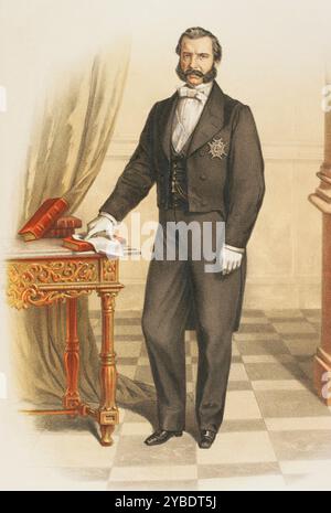 Cavaliere che indossa le insegne della Gran Croce del reale e Distinguished Spanish Order of Charles III (precedentemente Royal and Much Distinguished Order of Charles III), 1865. Creato da re Carlo III di Spagna nel 1771, per premiare i cittadini per i loro meriti e le loro virtù. Da "Historia de las Ordenes de Caballería y de las Condecoraciones Españolas (storia degli ordini di cavalleria e delle decorazioni spagnole), Madrid, Spagna, 1865. Foto Stock