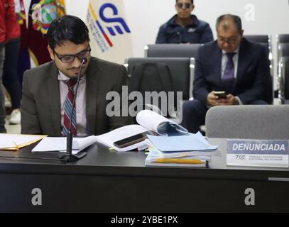 GUARDERAS ABAD CONTENCIOSO ELECTORAL Quito, venerdì 18 ottobre 2024 audizione orale delle prove e delle accuse di Juan Esteban Guarderas contro Veronica Abad, nel tribunale contenzioso elettorale, caso di candidatura sindaco Cuenca Eric Erazo avvocato per il Vicepresidente foto API Rolando Enriquez Quito Pichincha Ecuador POL GUARDERAS Foto Stock